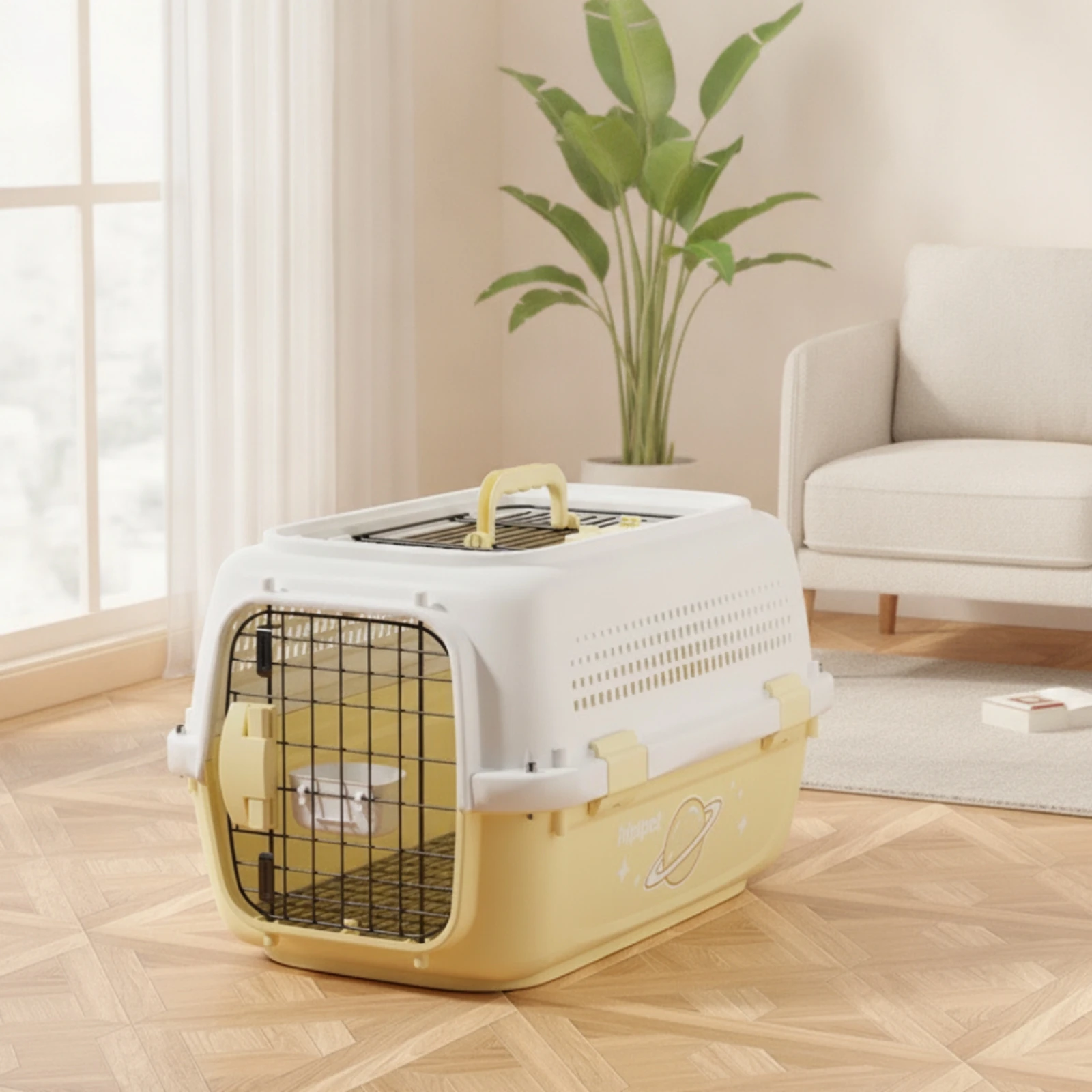Hard-Shell Pet Carrier Breathable Hard-Sided Carrier Pet Crate with Bowl Comfortable Travel Kennel with Skylight Long-Lasting