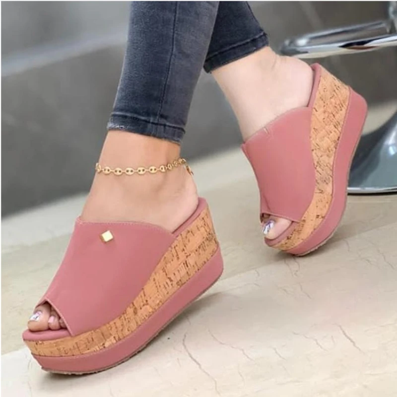 Slippers Summer 1 Wedges  Retro Fish Mouth Large Size Sandals Women High Heel Platform Solid Color Plus Size Shoes Sandalias