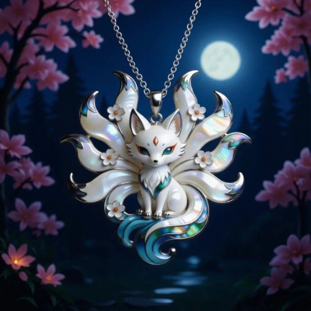 Enamel Look Nine-Tailed Fox Necklace Iridescent Finish Silver Tone Chain Fox Pendant Necklace Glossy Surface Floral Accents