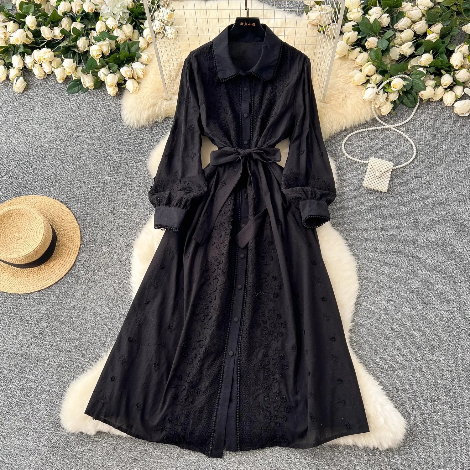 الفرنسية الرجعية التلبيب فانوس كم التعادل الخصر فستان ماكسي الإناث بوهو التطريز أنيقة فساتين طويلة فستان عطلة الشاطئ عادية