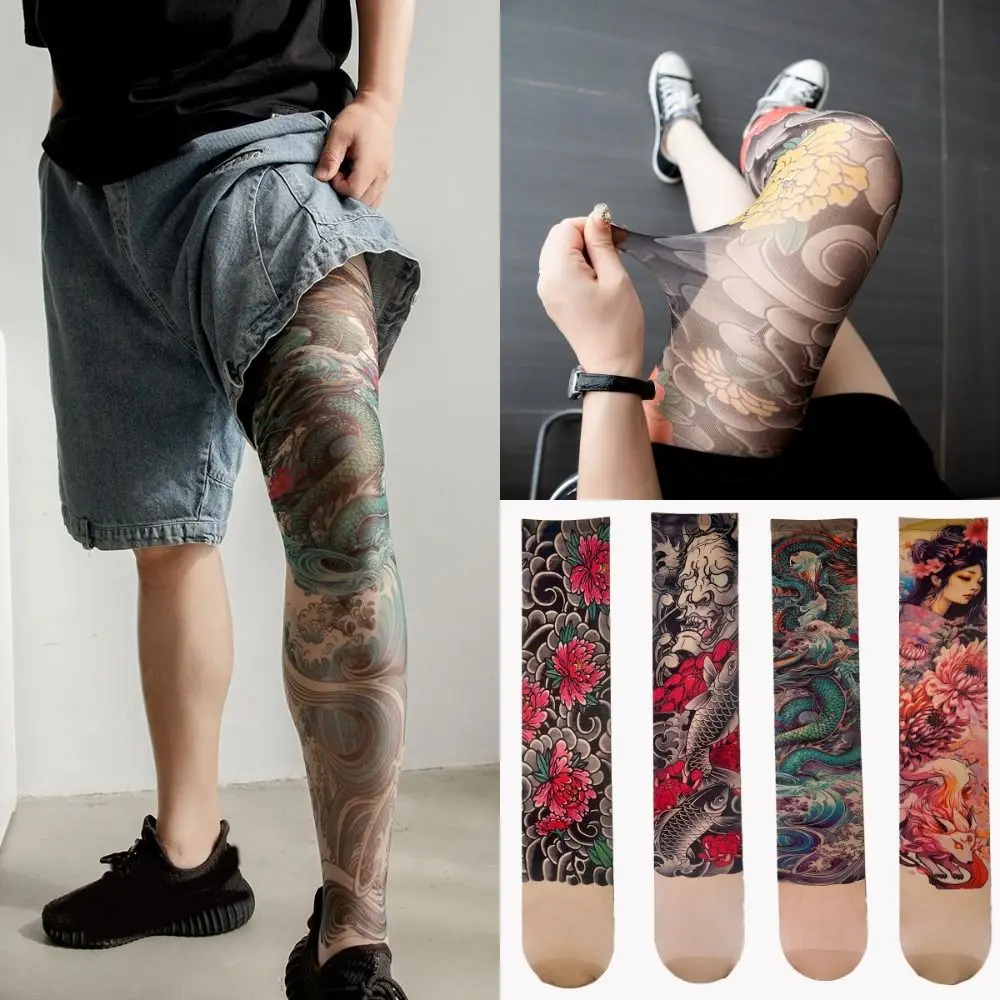 

New Simulated Tattoo Single-leg Socks Perspective Sexy Printed Thigh Socks Personality Mesh Tattooed Stockings Unisex