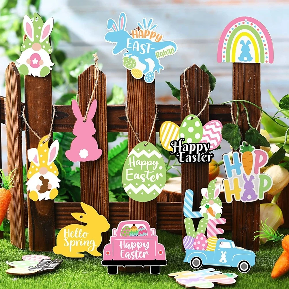 12pcs/set Colorful Rabbit Egg Wooden Ornament Hello Spring Hanging Pendants for 2024 Happy Easter Tree Decoration Gifts Wrapping