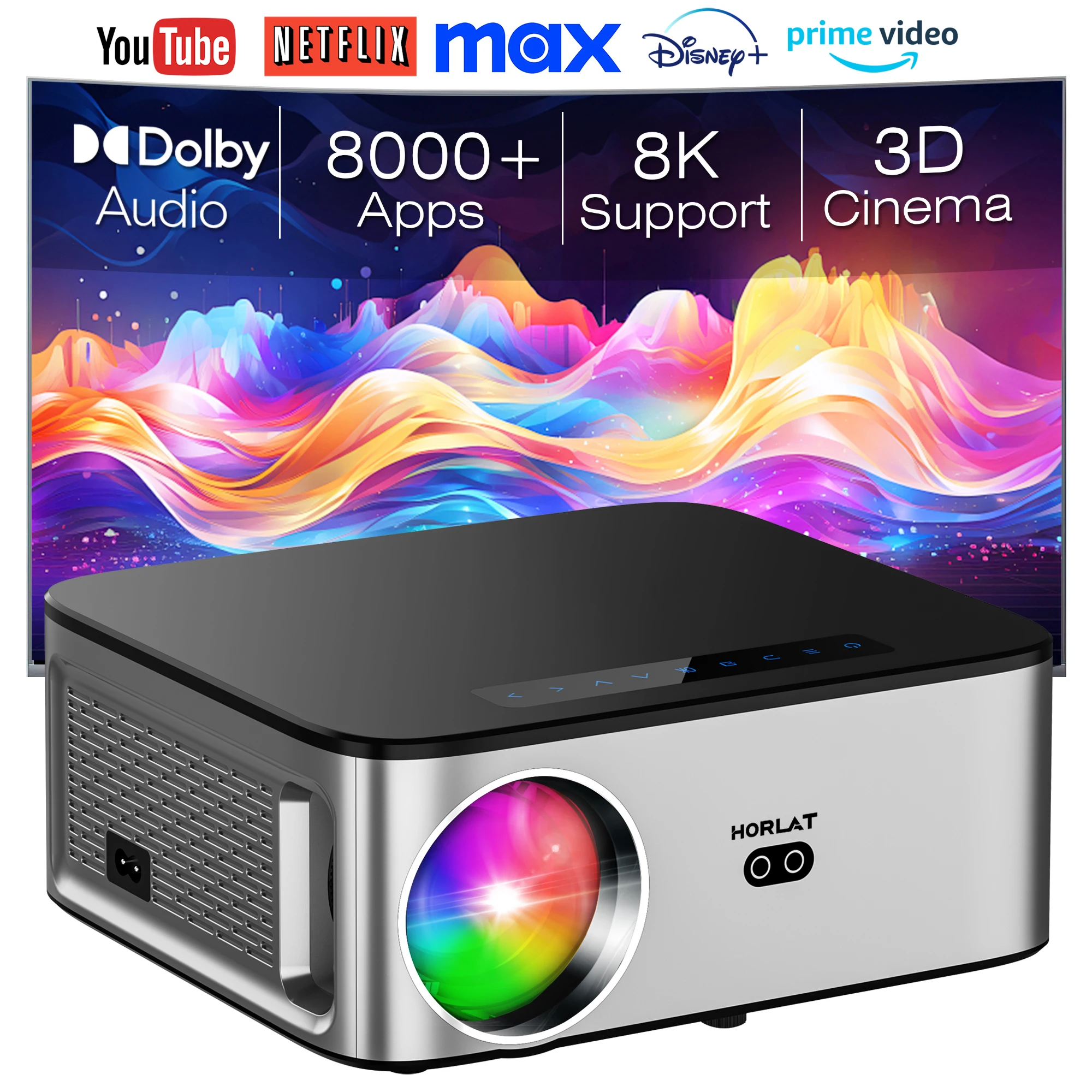 

HORLAT New 800ansi Beamer Android 4K Projector 32GB Full HD 1080P 8K Video Dolby Audio Home Theater Auto Focus Keystone 5G WiFi