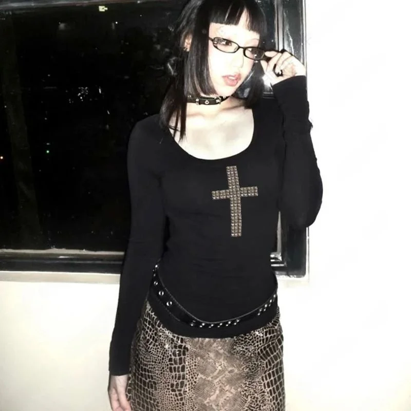 

Gothic Grunge Punk Emo Girls Long Sleeve T-Shirt Sexy Slim Fit Spring 2026 Ladies' Hoodie Velvet Material Other 100%