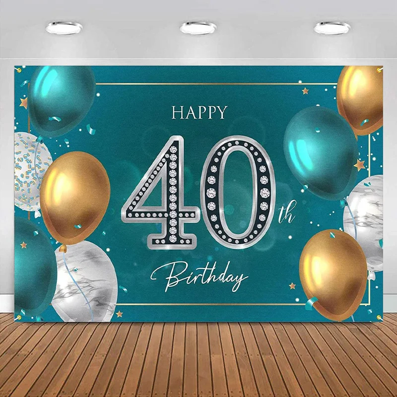 

Happy 40th Birthday Banner Backdrop Decorations Party balloon Supplies for Women Men Green Silver Photography Background