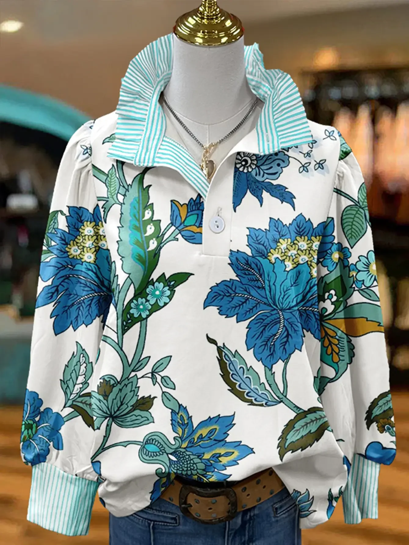 2026 Ladies' striped casual shirt with multi-color striped collar and Green/red geometric grid print,