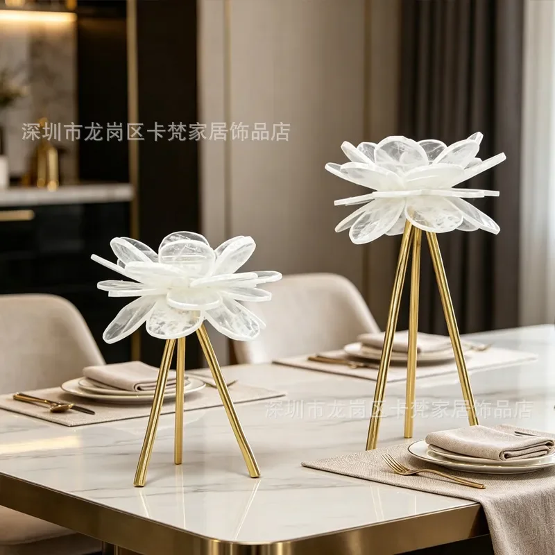 Nordic Modern Brass Candlestick Holder with Natural Crystal Stone Luxury Dining Table Centerpiece Decor for Living Room Home