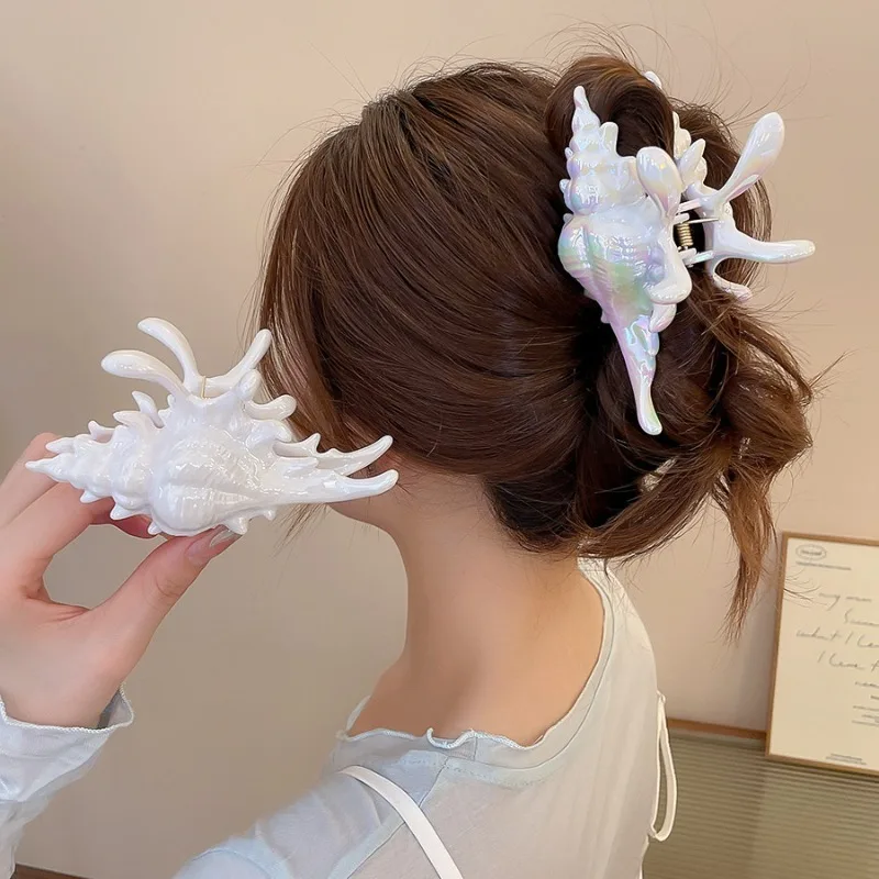 Minar Exaggerated AB Color Acrylic Trumpet Shell Hair Claws for Women Femme Big White Shark Clip Hair Accessories Wholesale