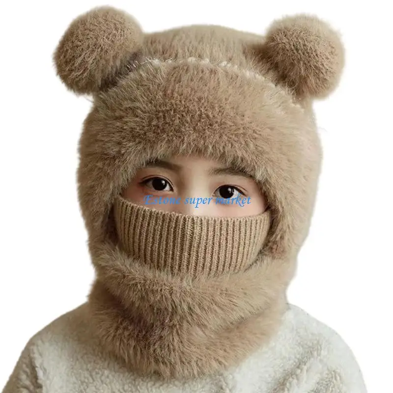 090B Baby Pom Bonnet Hat Scarf for Kids Warm Ear Protections Hat Earflap Caps Neckerchief for Winter Outdoor Adventures