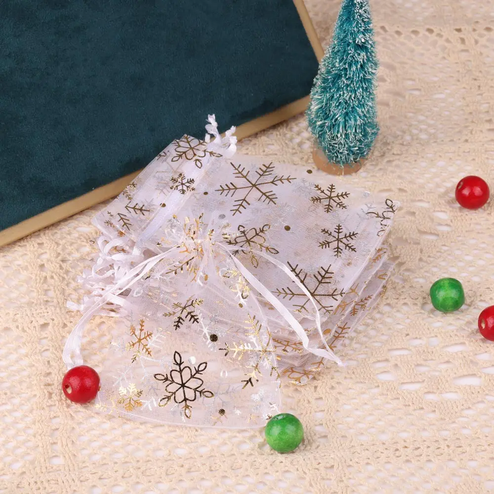 Hot Printing Organza Gift Bag For Jewelry Snowflake Drawstring Pouches For Wedding Christmas Party Candy Packing