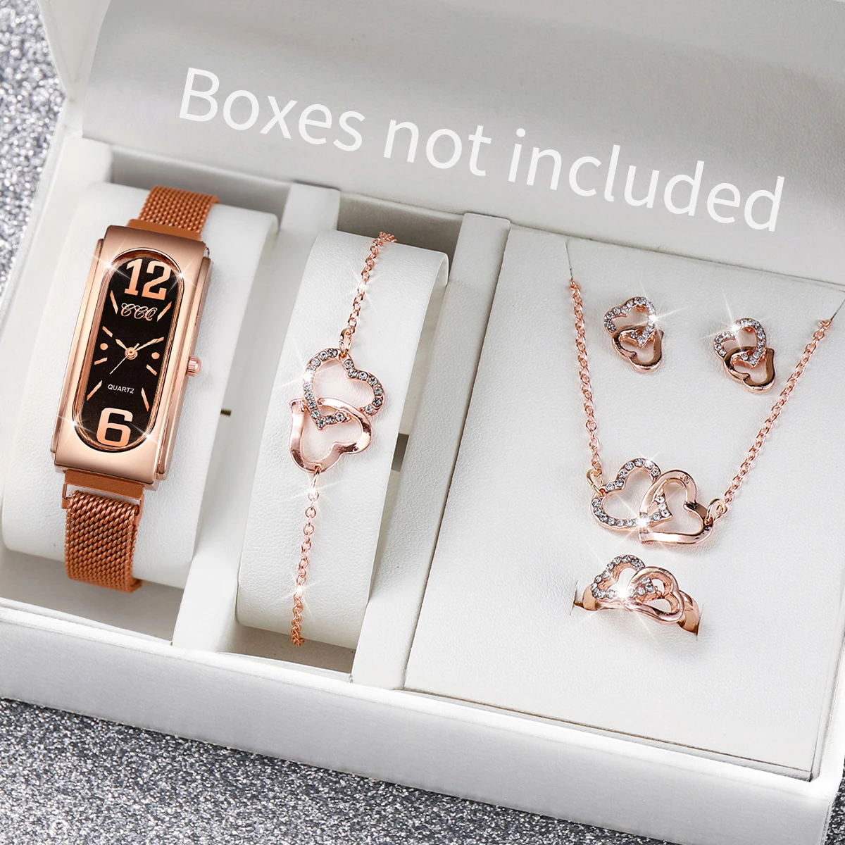 6PCs/Set Fashion Women's Watch Korean Edition Simple Quartz Watch with Double Love Jewelry Set(Box Not Include)