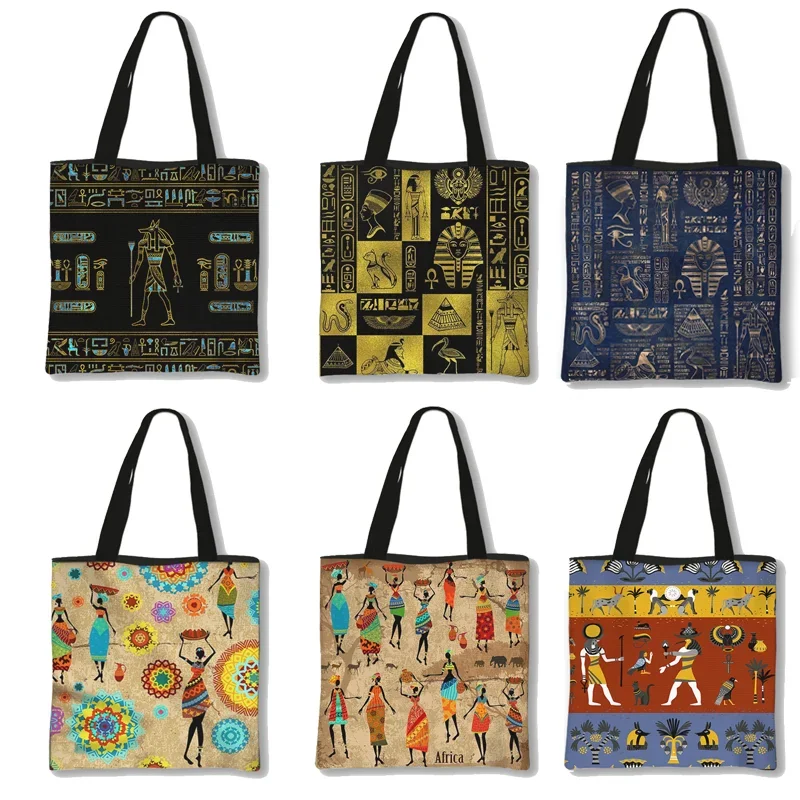 Egyptian hieroglyphs and symbols Print Shoulder Tote Bag African Women Style Handbag Afro Ladies Top-Handle Bags Shopping Bag