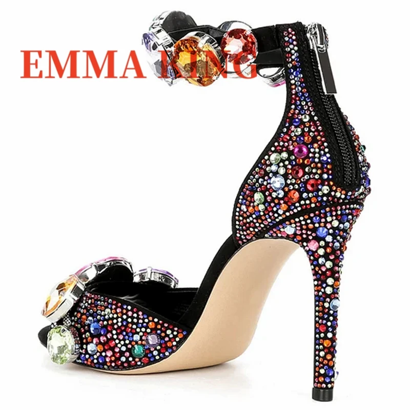 جولة تو كعب ستيليتو حجر الراين الصنادل أزياء المرأة رقيقة عالية الكعب حذاء من الكريستال تصميم فاخر النساء أحذية الحفلات المسائية #3
