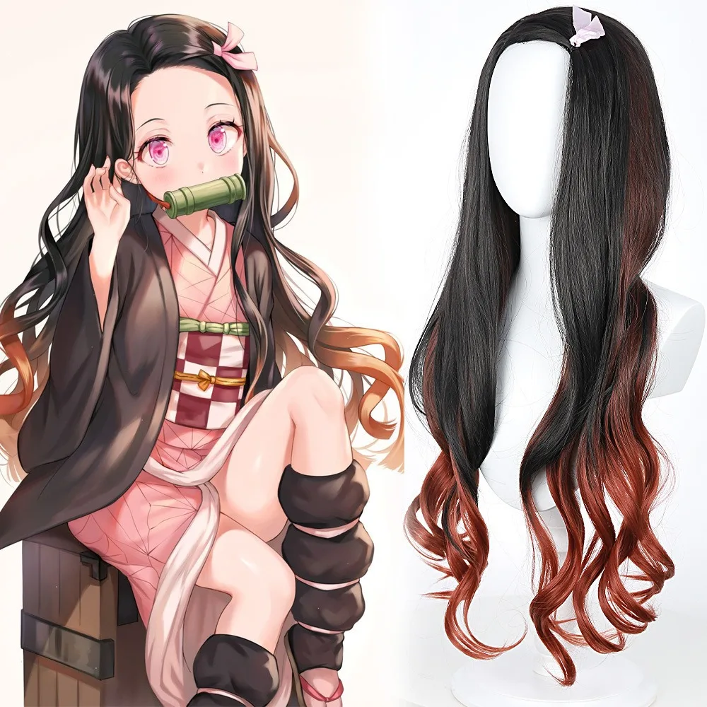 Demon slayer lâmina fogão porta você feijão peruca cosplay preto gradiente laranja longo cabelo encaracolado cor bloqueada anime cos peruca