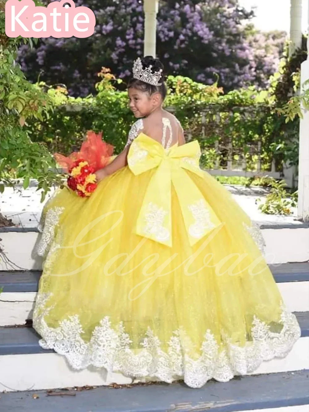 فستان فتاة الزهور منتفخ من التول الأبيض لحفلات الزفاف مع فيونكة مخصصة لحفلات أعياد الميلاد للأميرة للأطفال #3