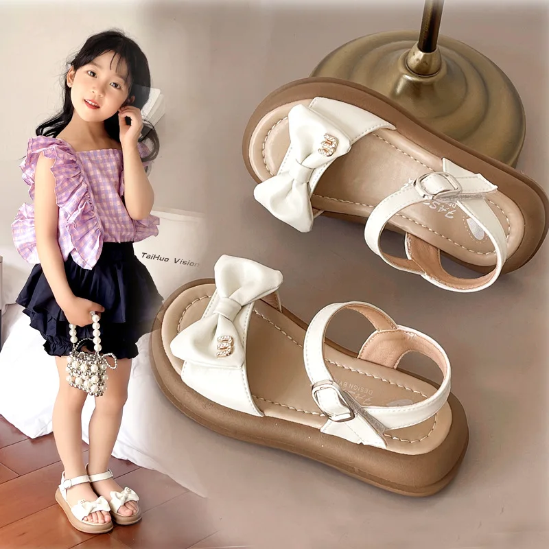

2025 Children's Sandals for Girls Shoes for Kids Fashion Bow Tie Summer Soft Flat Heels Beach Princess Shoes Child Girl 26-36
