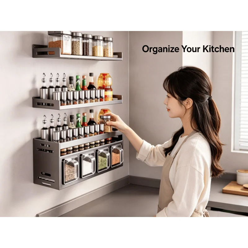 

2 Tier 4 Grid Gray Stainless Steel Wall Mounted Spice Rack Multi Purpose Home Kitchen Jar Storage Organizer