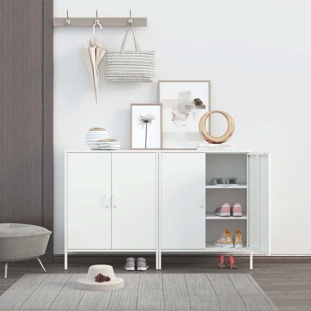 White Metal Storage Cabinet,Metal Locker Storage Cabinet with 2 Doors and Shelves,Kitchen Pantry Cabinet,Modern Storage