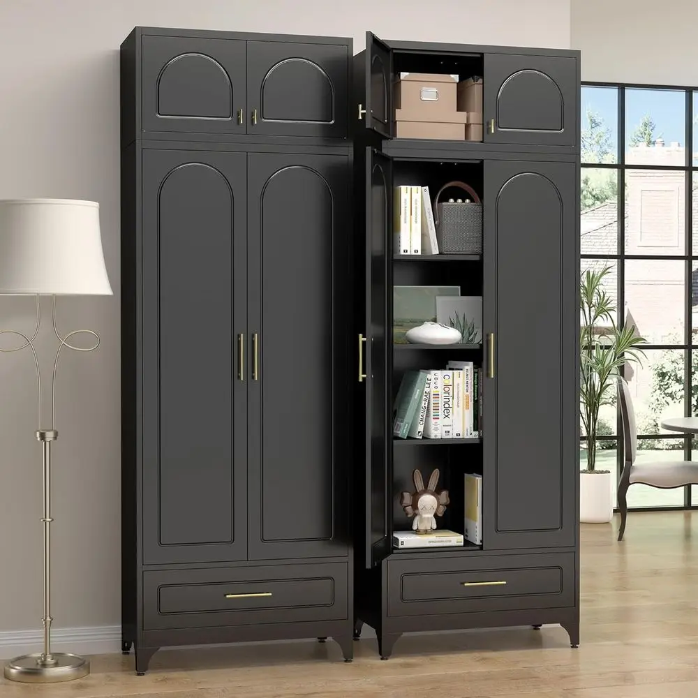 

90-Inch Metal Storage Cabinets with Doors and Shelves, Drawers Included, White Kitchen Cabinets Suitable for Living Room, Pantry