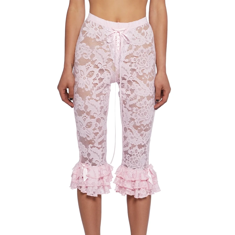 Coquette See-Through High Waist Ruffles Hem Trousers Women Floral Lace Capri Pants Summer Casual Pants Stretch Crop Leggings