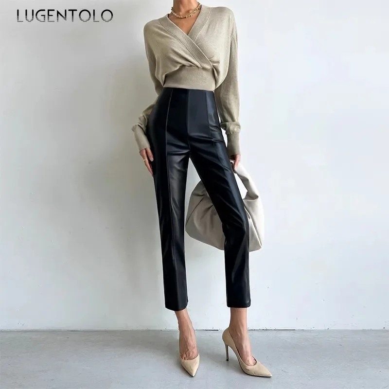 

Women PU Pants 2024 New Imitation Leather Skinny Office High Waist Pencil Leggings Fashion Brushed Straight Leg Warm Clothing