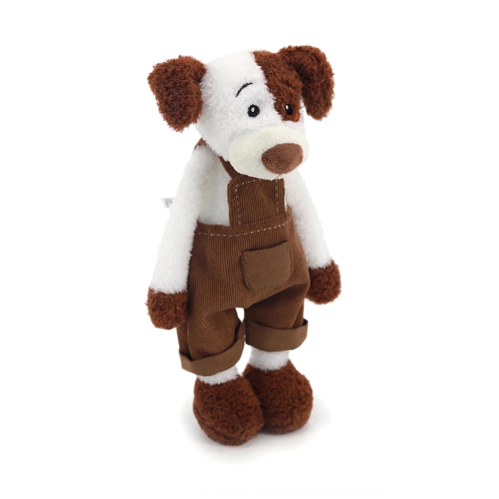 30 cm entzückende Welpen-Plüschpuppe in braunem Cord-Overall, weiches Stofftier für Kinder, Geburtstagsgeschenk, Heimdekoration