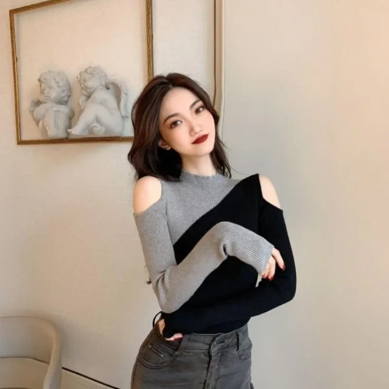 Tops Woman New in Knitwears Sexy Slim Off Shoulder Long Sleeve T Shirt for Women Chic and Elegant One Size Casual Nylon Original