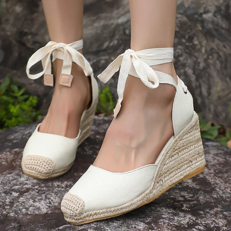 Espadrilles-Keilsandalen für Damen, Sommer 2022, geschlossene Zehen, Knöchelriemen, Slingback-Sandalen, Damen-Komfort, Schnürung, lässige Sandalen