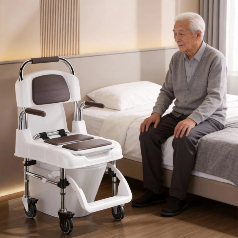 Stainless Steel Toilet Odor Proof Bedside Commode Chair with Armrests and Wheels for Home Bedroom Outdoor Adults Transfer Chairs