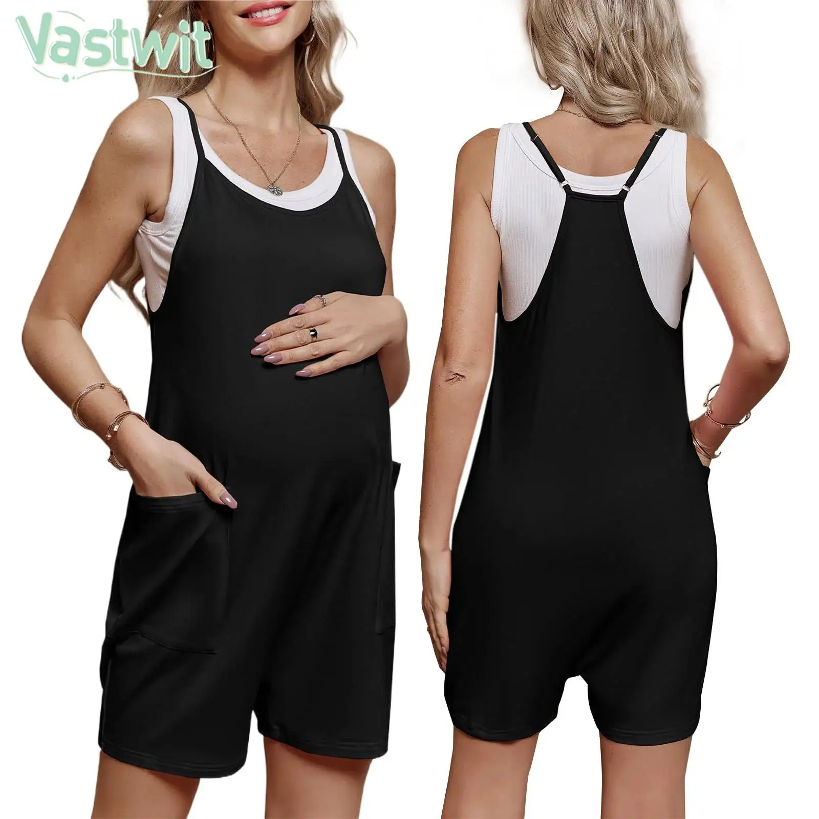 Maternity Summer Sleeveless Overall Shorts Pregnancy Fashion Casual Solid Jumpsuit with Pockets Daily Work Homewear Bodysuit