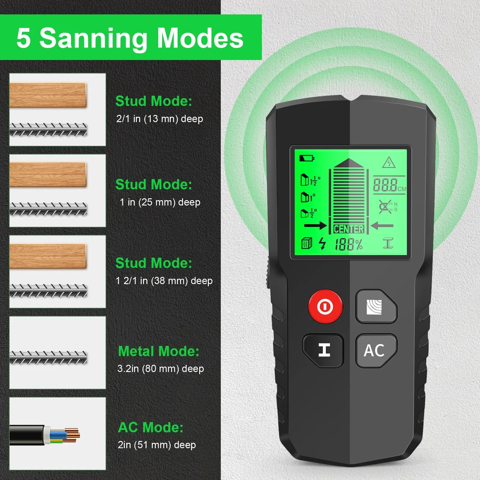 1 PC Stud Finder Wall Scanner AC Wire and Metal Locators Green Backlight Low Voltage Indicator Light Detector