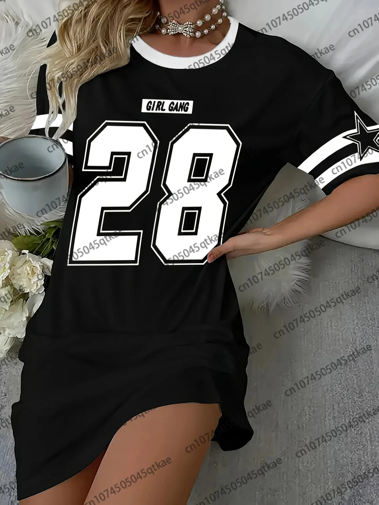 فستان نسائي كبير الحجم تي شيرت بنات عصابة '28' طباعة فستان صالة قصير الأكمام للمنزل والنزهات رقبة مستديرة ملابس نوم غير رسمية #4