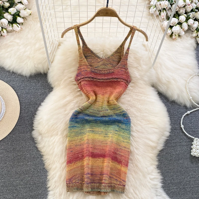 

Women's Spaghetti Strap Dress Summer Korean Style Fashionable Rainbow U-Neck Knitting Knee-Length Slip Dresses Holiday Club Wear