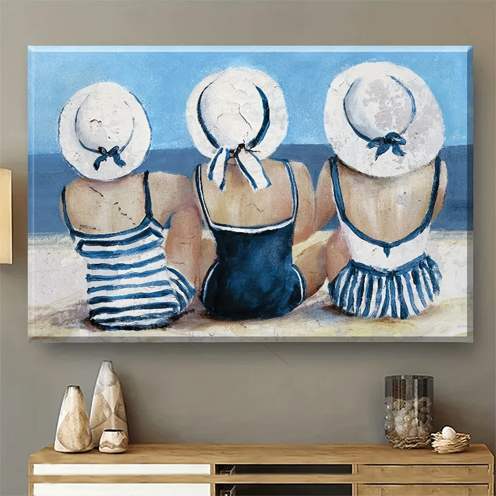 (No frame)[Textured Artwork] Serene Beachside Escape Canvas Art - Modern Coastal Wall Decor with Blue & White Striped Swimsui