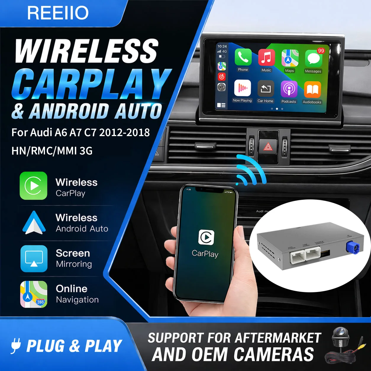 Boîtier décodeur CarPlay sans fil pour Audi A6 A7 C7 2012-2018 HN RMC/MMI 3G avec Android Auto Mirror Link AirPlay BT caméra de recul
