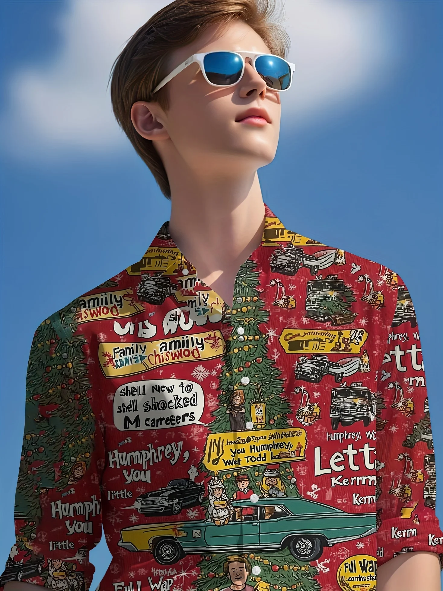 Camisa con estampado gráfico de árbol de Navidad para hombre, solapa superior, cierre de manga larga, ropa de calle tradicional de la suerte, nueva moda