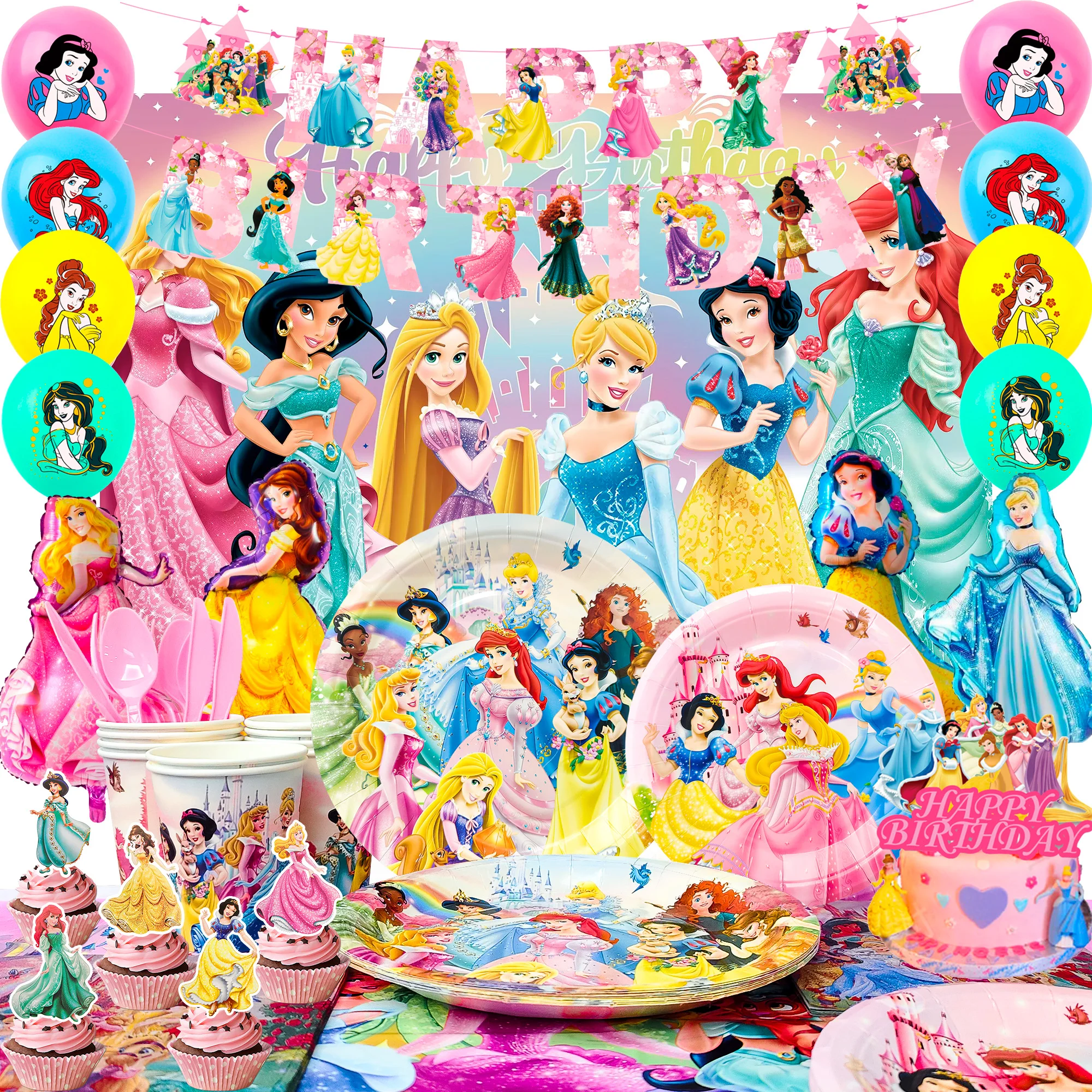 Fournitures de fête princesse Disney, 116 pièces, vaisselle et décorations pour fête d'anniversaire princesse Disney, assiettes princesse, ballons, bannière, etc.
