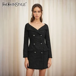 TWOTWINSTYLE Solid Temperament Dresses For Women Slash Neck Cold Shoulder Long Sleeve High Waist Slimming Chic Dress Female New