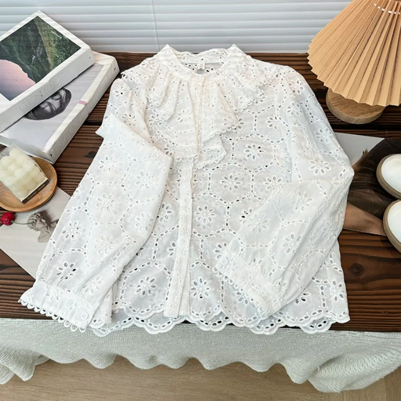 O-Hals Ruches Patchwork Zoete Witte Blouses Vintage Franse Lente Blusas Mujer Single-Breasted Borduurwerk Holle Shirts