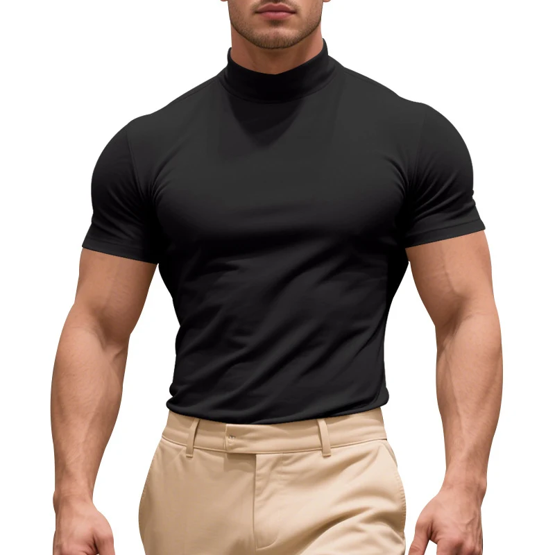 2026 European American Men Stretch Slim Mock Neck Short Sleeve T-Shirt, British Gentleman Style Casual Base Tops Wholesale