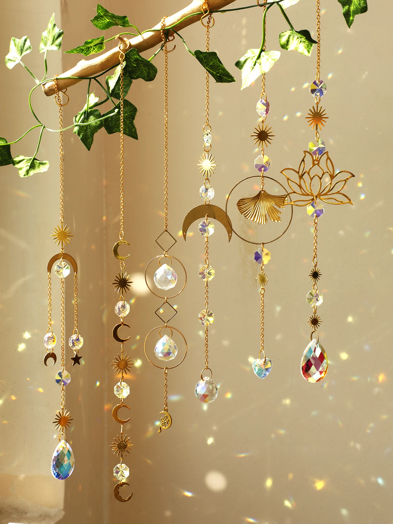 Boho Crystal Suncatcher Stained Glass Crystals Ball Suncatcher Moon Fairy Window Hanging Decoration Wind Chimes for Garden Decor