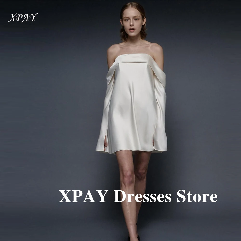 

XPAY Sexy Off Shoulder Ivory Silk Wedding Party Dresses Long Sleeves Women Bride Formal Gowns Evening Cocktail Formal Customized