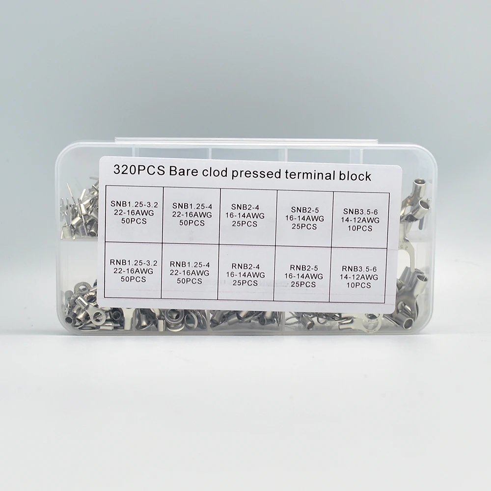 320Pcs/Box 10 In 1 Terminals Non-Insulated Ring Fork U-type Brass Terminals Assortment Kit Cable Wire Connector Crimp Spade