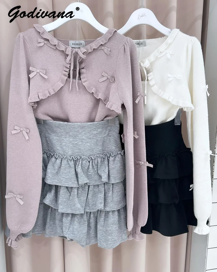 Japanese Style New Autumn Female Sweet Bow Fungus Edge Chest Strap Short Knitted Cardigan Suspender Vest Two-piece Set Sweaters