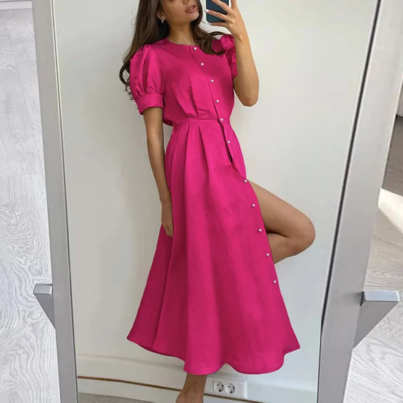 Kleider für Frauen Mode elegante Frühling Grund druck Temperament Pendler hohe Taille geteilt mittellanges Damen kleid