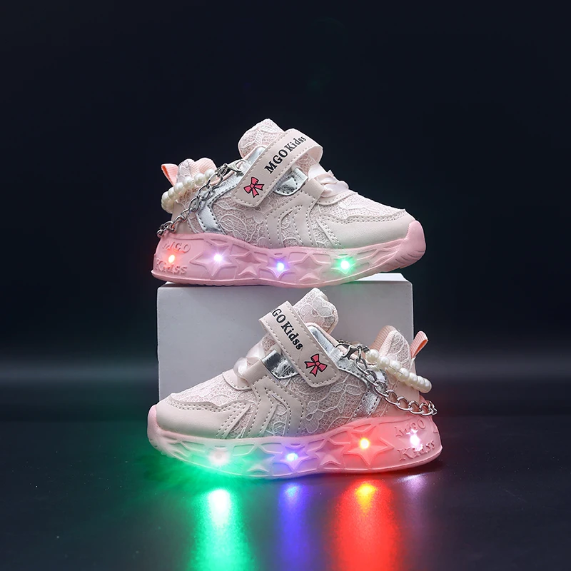 MGO Kidss Spring and Autumn New Imitation Pearl Shoes with Lights Mesh embroidery Children and Girls Sports Shoes Comfortable Gi