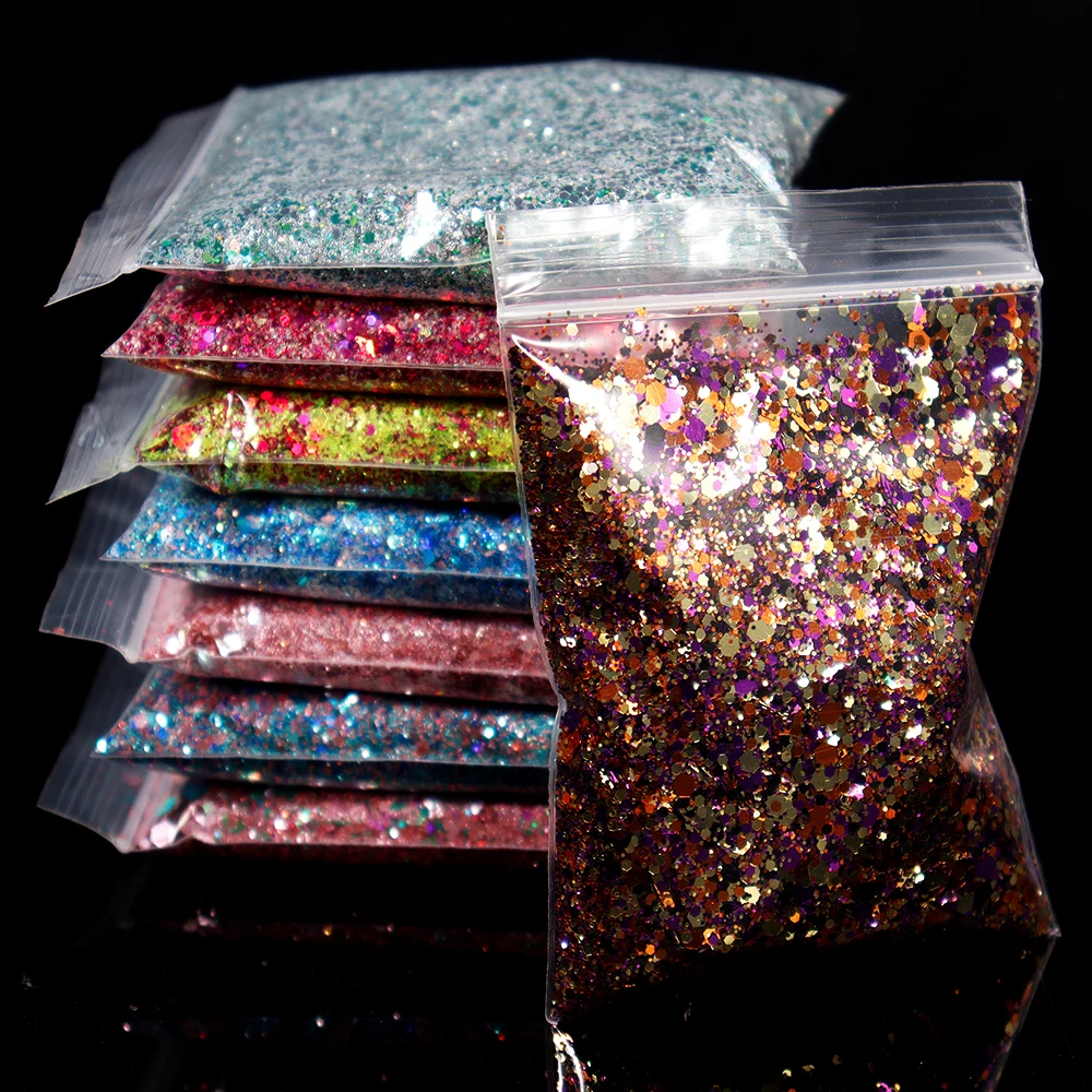 

50g/Bag Laser Hexagon Holographic Chunky Glitter Nail Tips Glitter Powder Mermaid Flakes Sparkly Sequins Slices For Manicure