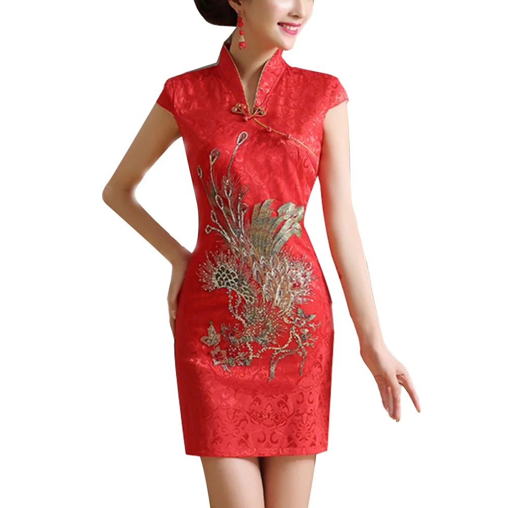 

Red M Size Cheongsam Bridal Gown Classic Chinese Style Patterned Comfortable High Waistline Formal Occasions