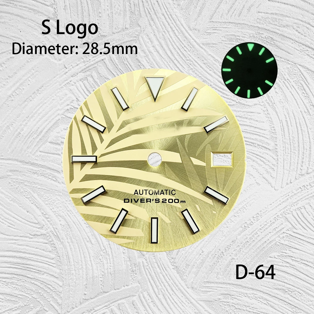 Luminous Modificado Bamboo Folha Assista Dial, Verde Movimento automático S Logo, 28.5mm, adequado para NH35, 36, 4R, 7S