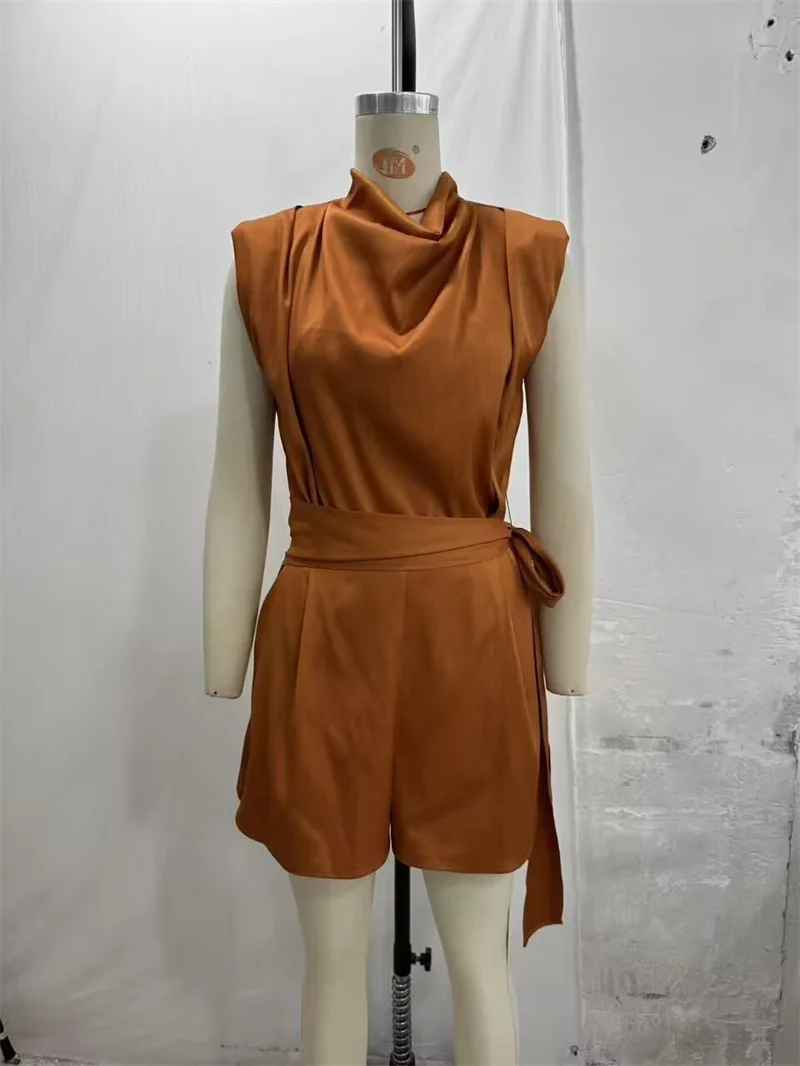 Guobioziy Women's Jumpsuit 2026 Fall New Style Orange Sleeveless with Shoulder Pads and Belt Decorative Romper Beach Vacation